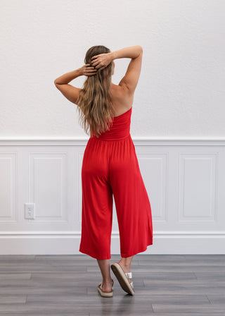 Tube Top Cropped Jumpsuit in Ruby
