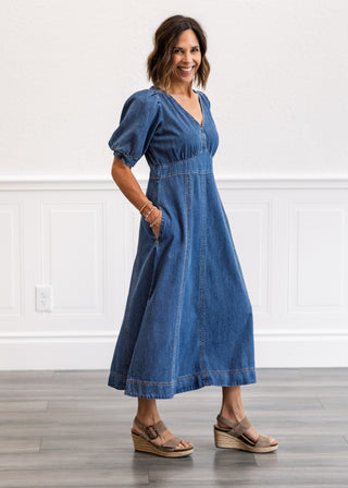 Cotton Denim Puff Sleeve Midi Dress
