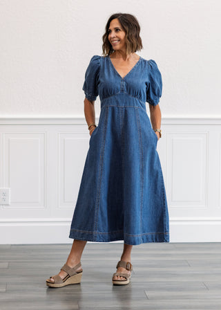 Cotton Denim Puff Sleeve Midi Dress Small