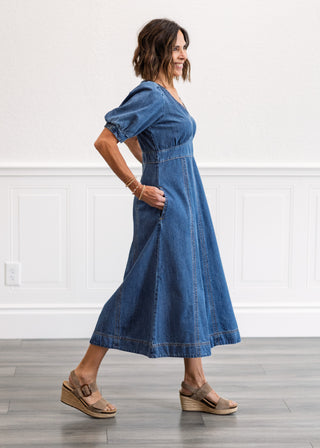 Cotton Denim Puff Sleeve Midi Dress