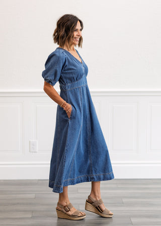 Cotton Denim Puff Sleeve Midi Dress