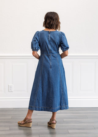 Cotton Denim Puff Sleeve Midi Dress