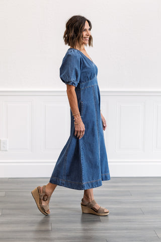 Cotton Denim Puff Sleeve Midi Dress