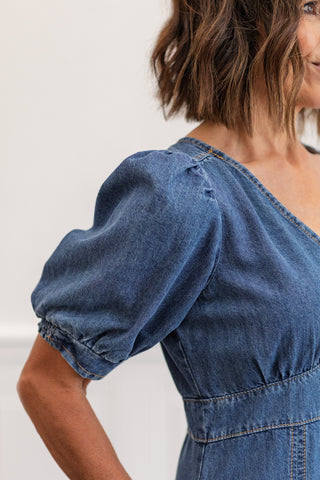 Cotton Denim Puff Sleeve Midi Dress