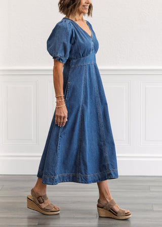 Cotton Denim Puff Sleeve Midi Dress