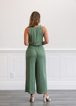 Button Up V-neck Jumpsuit in Spruce