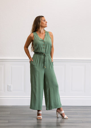 Button Up V-neck Jumpsuit in Spruce
