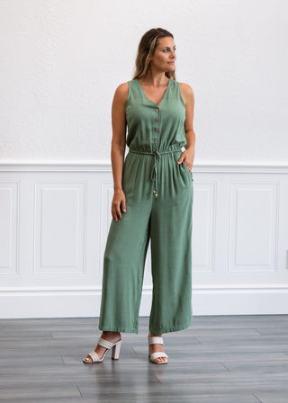 Button Up V-neck Jumpsuit in Spruce