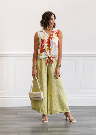 Smocked High Waist Linen Pant in Sage