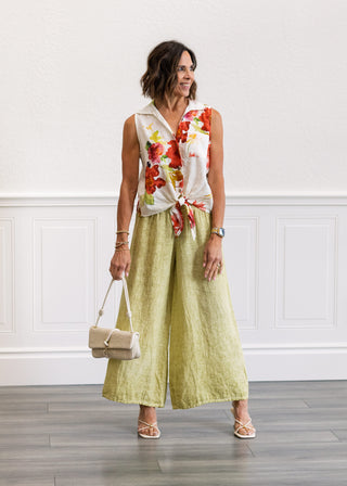 Smocked High Waist Linen Pant in Sage