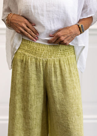 Smocked High Waist Linen Pant in Sage