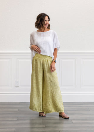 Smocked High Waist Linen Pant in Sage