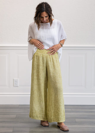 Smocked High Waist Linen Pant in Sage