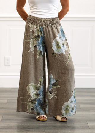 Smocked Print Pants in Taupe