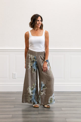 Smocked Print Pants in Taupe