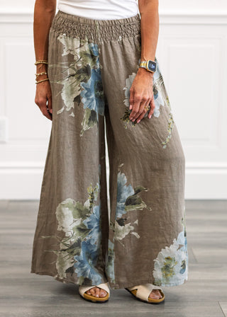 Smocked Print Pants in Taupe