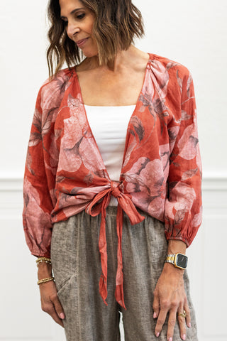 Floral Tie-Front Linen Shirt in Pepe