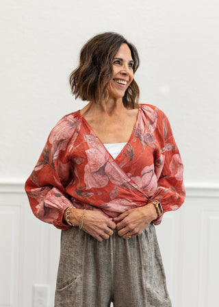 Floral Tie-Front Linen Shirt in Pepe