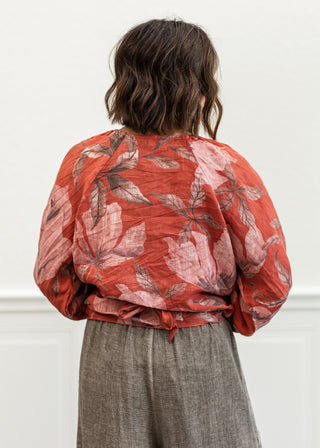 Floral Tie-Front Linen Shirt in Pepe