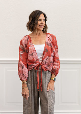 Floral Tie-Front Linen Shirt in Pepe