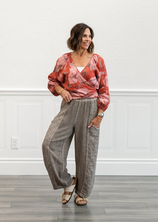 Floral Tie-Front Linen Shirt in Pepe