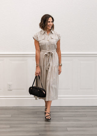 Collared Short Sleeve Dress in  Light Taupe
