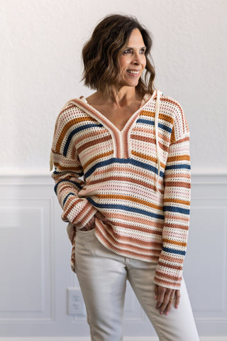 Multi Color Striped Oversized Sweater Hoodie in Mauve