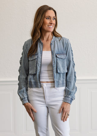 Tencel Gathered Sleeve Bomber Jacket in Washed Denim