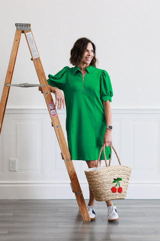 Puff Sleeve Half Zip Mini Dress in Green