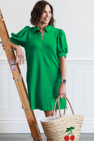 Puff Sleeve Half Zip Mini Dress in Green