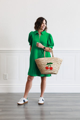 Puff Sleeve Half Zip Mini Dress in Green