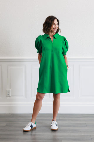 Puff Sleeve Half Zip Mini Dress in Green