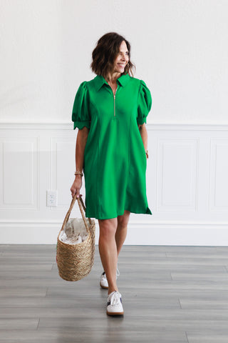 Puff Sleeve Half Zip Mini Dress in Green