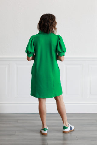 Puff Sleeve Half Zip Mini Dress in Green