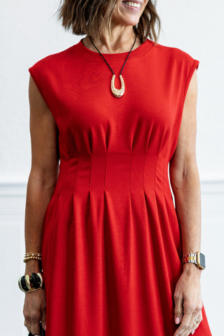 Cap Sleeve Pintuck Waist Midi Dress in Red