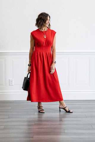 Cap Sleeve Pintuck Waist Midi Dress in Red