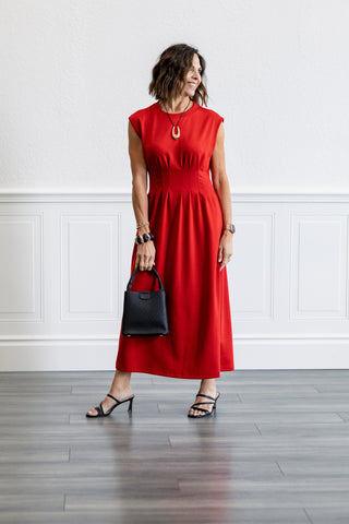 Cap Sleeve Pintuck Waist Midi Dress in Red