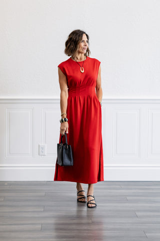 Cap Sleeve Pintuck Waist Midi Dress in Red