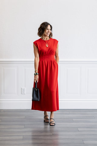 Cap Sleeve Pintuck Waist Midi Dress in Red
