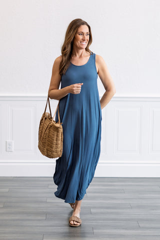 Knit Tank Cross Back Maxi Dress in Graphite