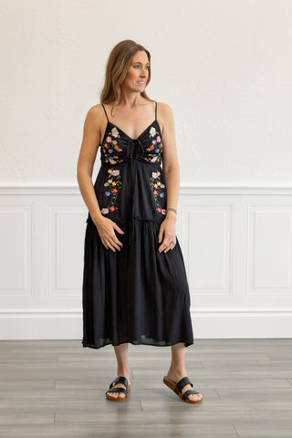 Embroidered Boho Midi Dress in Black