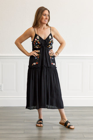 Embroidered Boho Midi Dress in Black