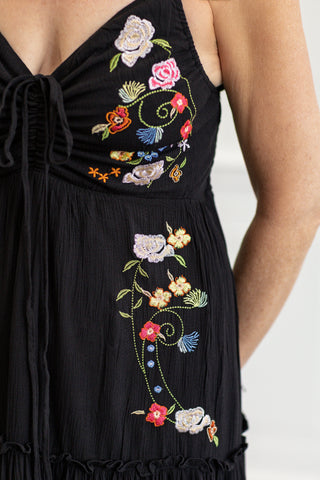 Embroidered Boho Midi Dress in Black