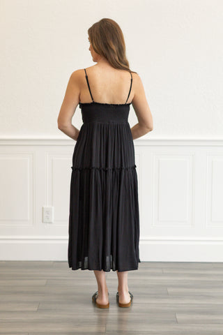 Embroidered Boho Midi Dress in Black