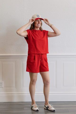 Cap Sleeve Boxy Top and Shorts Set in Red