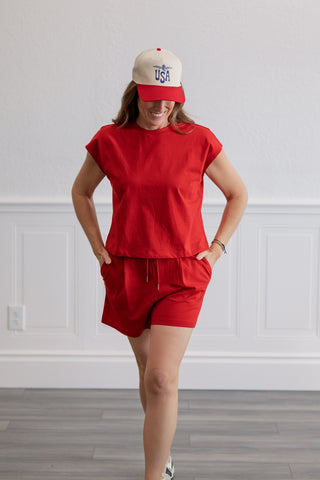 Cap Sleeve Boxy Top and Shorts Set in Red