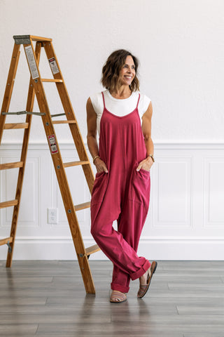 Mineral Wash Spaghetti Strap Jumpsuit in Dark Red