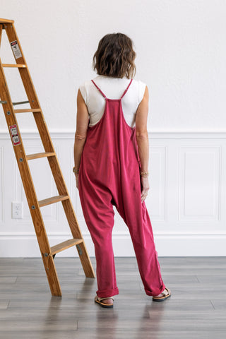 Mineral Wash Spaghetti Strap Jumpsuit in Dark Red