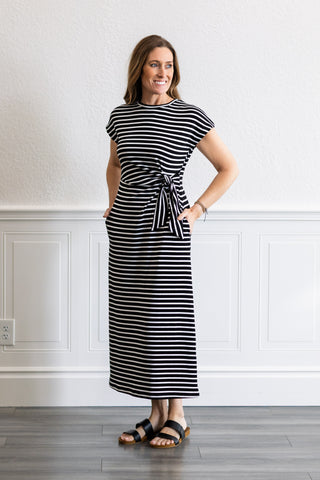 Striped Side Tie Midi Dress in Black