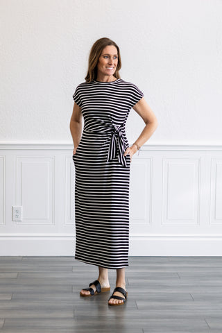 Striped Side Tie Midi Dress in Black